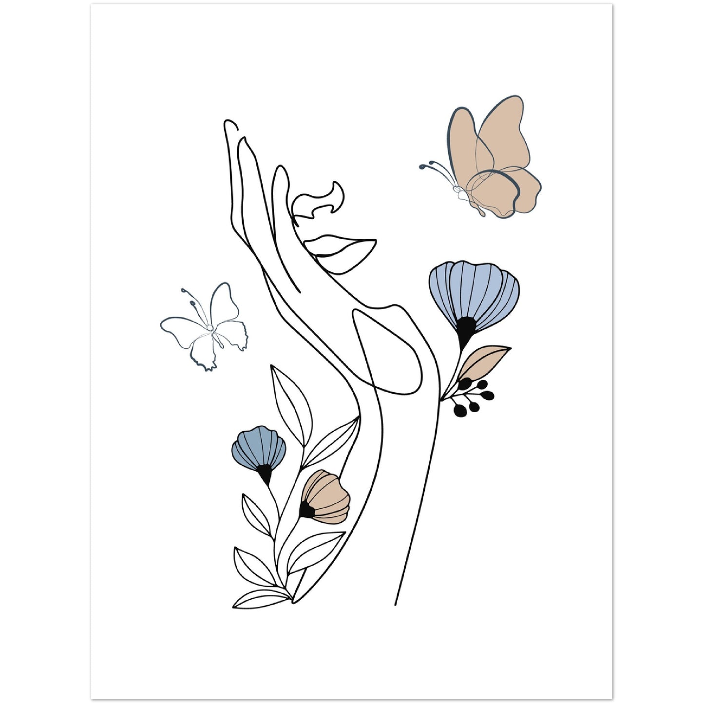 Flowers and Butterflies Line Art Print